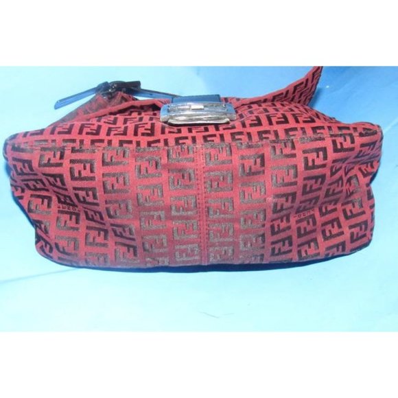 Fendi Mamma Zucco Zucchino Shoulder Bag Black Logo Print On Dark Red Canvas - Picture 11 of 12